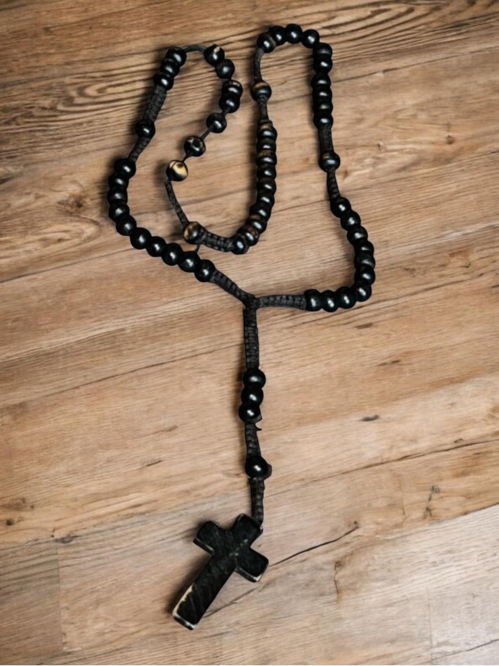 1990’s Prison Art Black Wooden Macramè Bead Rosary Necklace with Cross Pendant